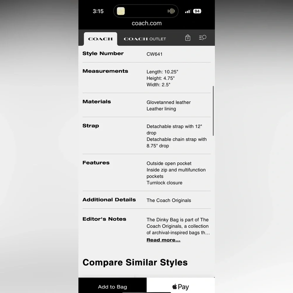 NWOT COACH Dinky Bag in Black Glove tanned leather - Coach Originals - Picture 11 of 11